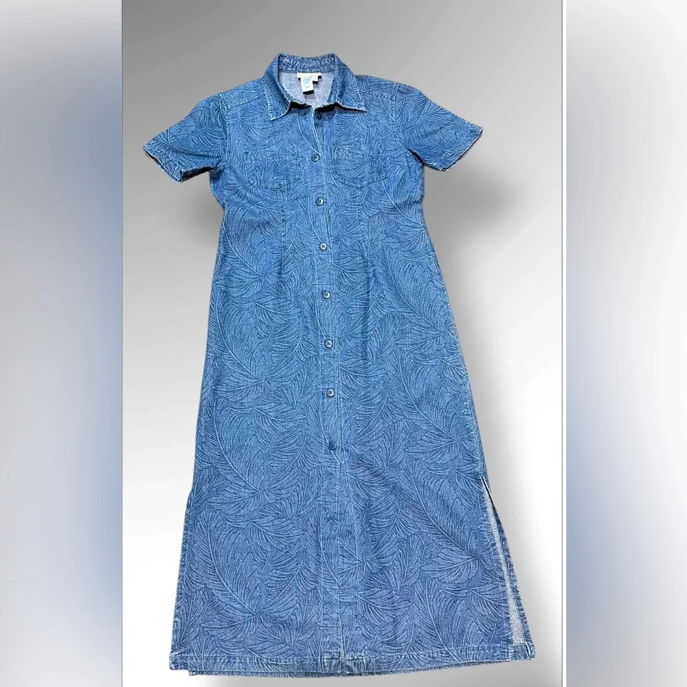 Coldwater Creek Denim Dress Small Floral Print Buttons Long Jean Classic - Picture 1 of 7